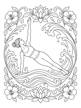 A serene yoga coloring page featuring a woman in side plank pose framed by ocean waves and lotus flowers.