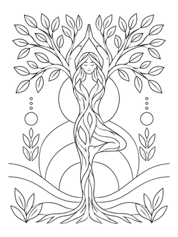 A serene woman meditating in yoga tree pose within this tree of life coloring page.