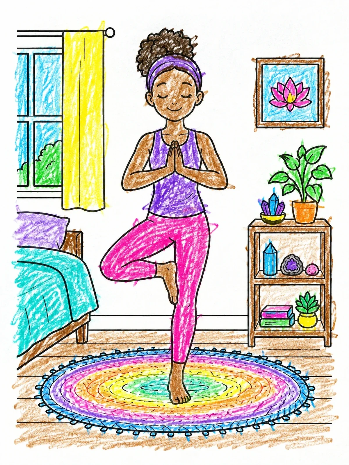 Colored example of the Tree Pose In Cozy Bedroom coloring page
