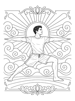 A man in warrior pose graces this yoga coloring page with stylized clouds and sunbeams.