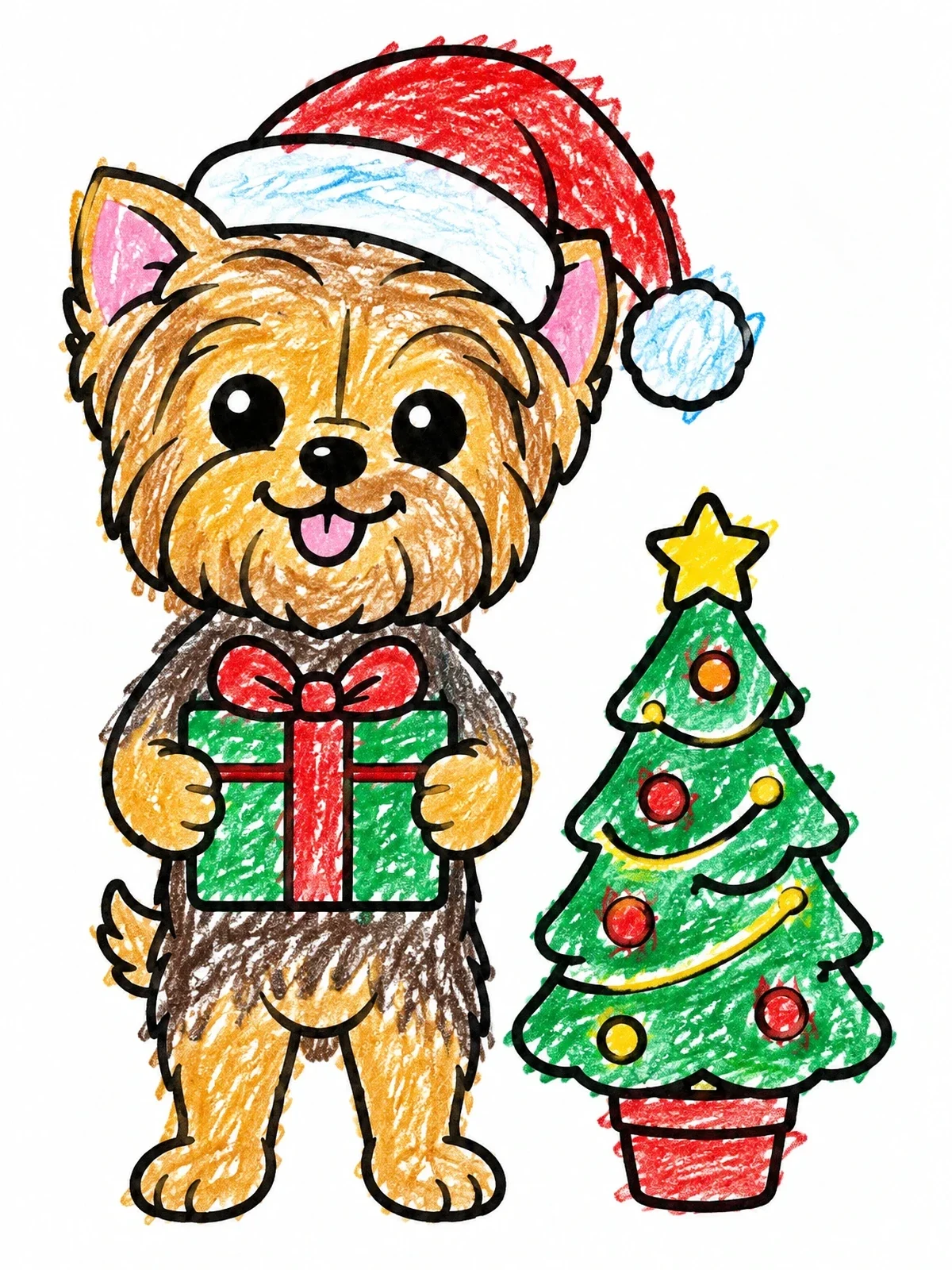 Colored example of the Christmas Yorkshire Terrier With Gift coloring page