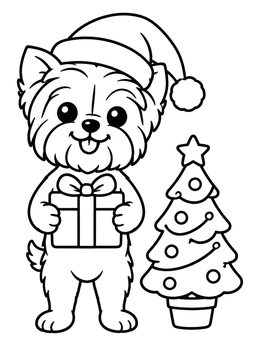 Free printable Christmas Yorkshire Terrier With Gift coloring page