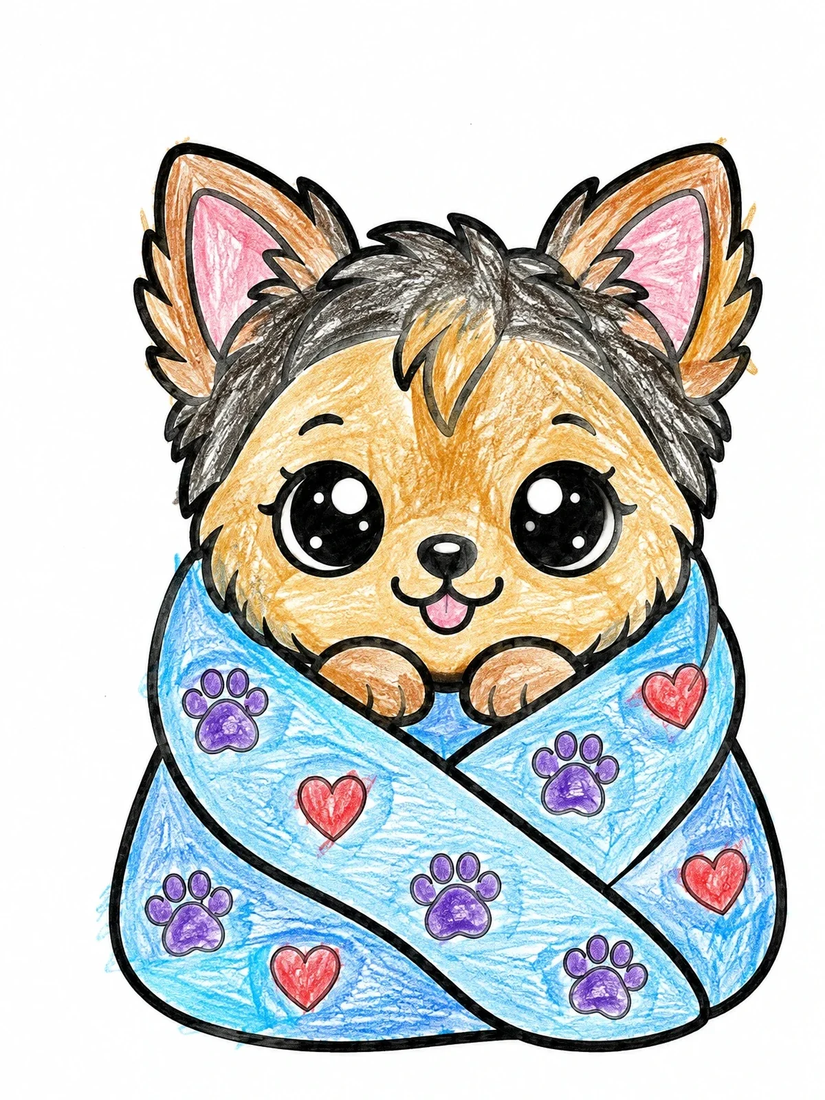 Colored example of the Cozy Little Yorkie In Blanket coloring page