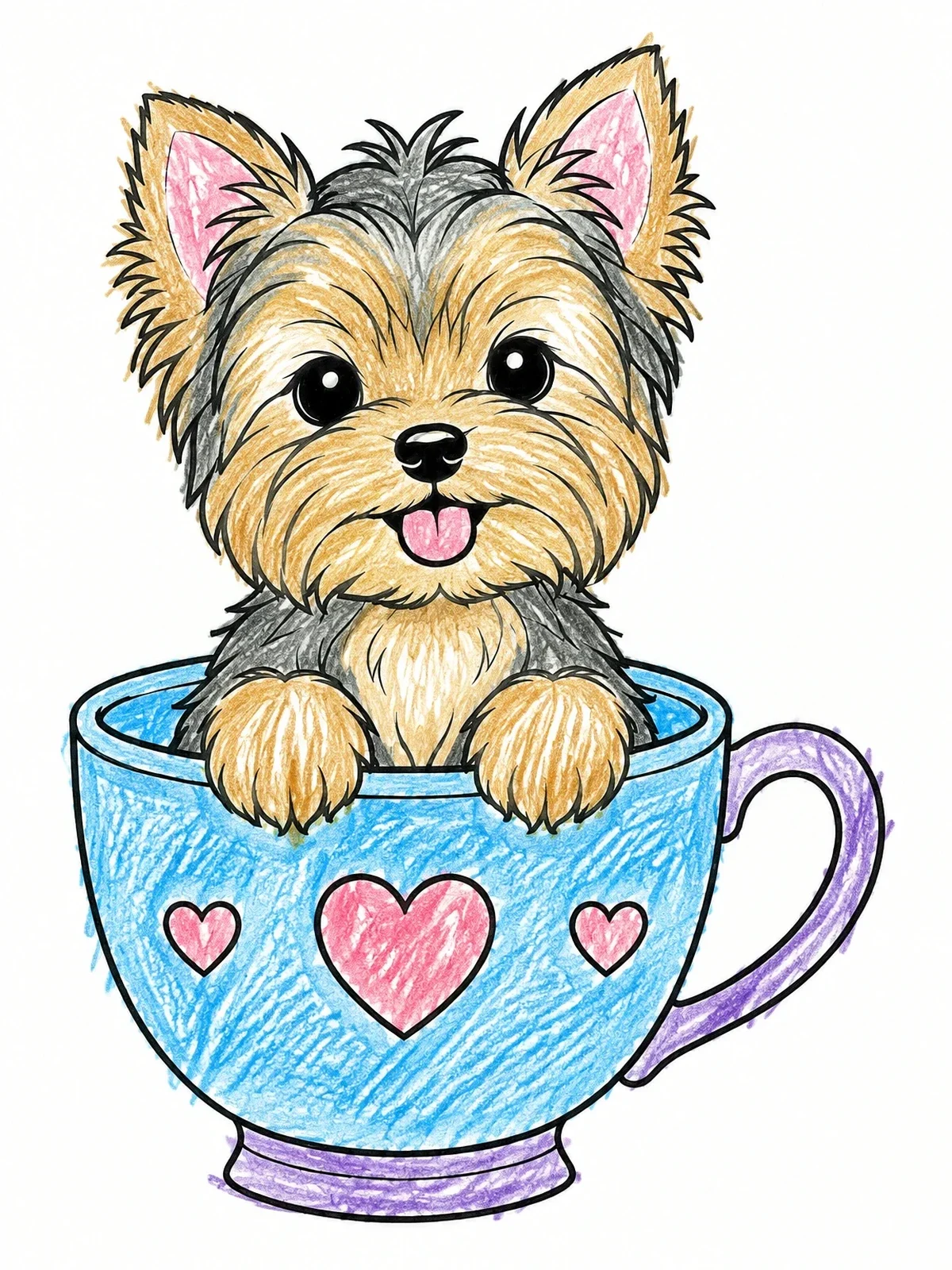 Colored example of the Cute Yorkshire Terrier In A Teacup coloring page