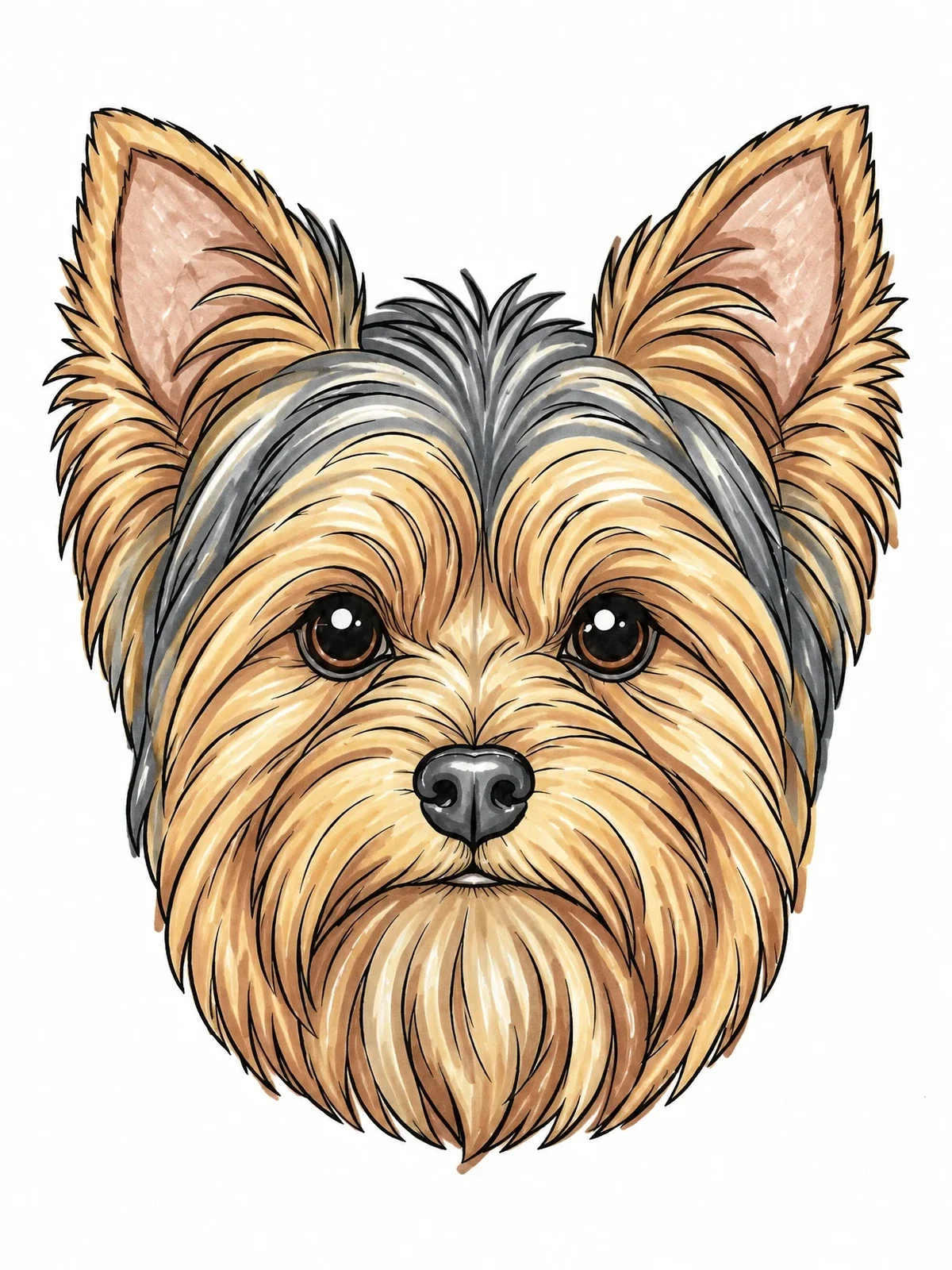 Colored example of the Detailed Yorkshire Terrier Portrait coloring page