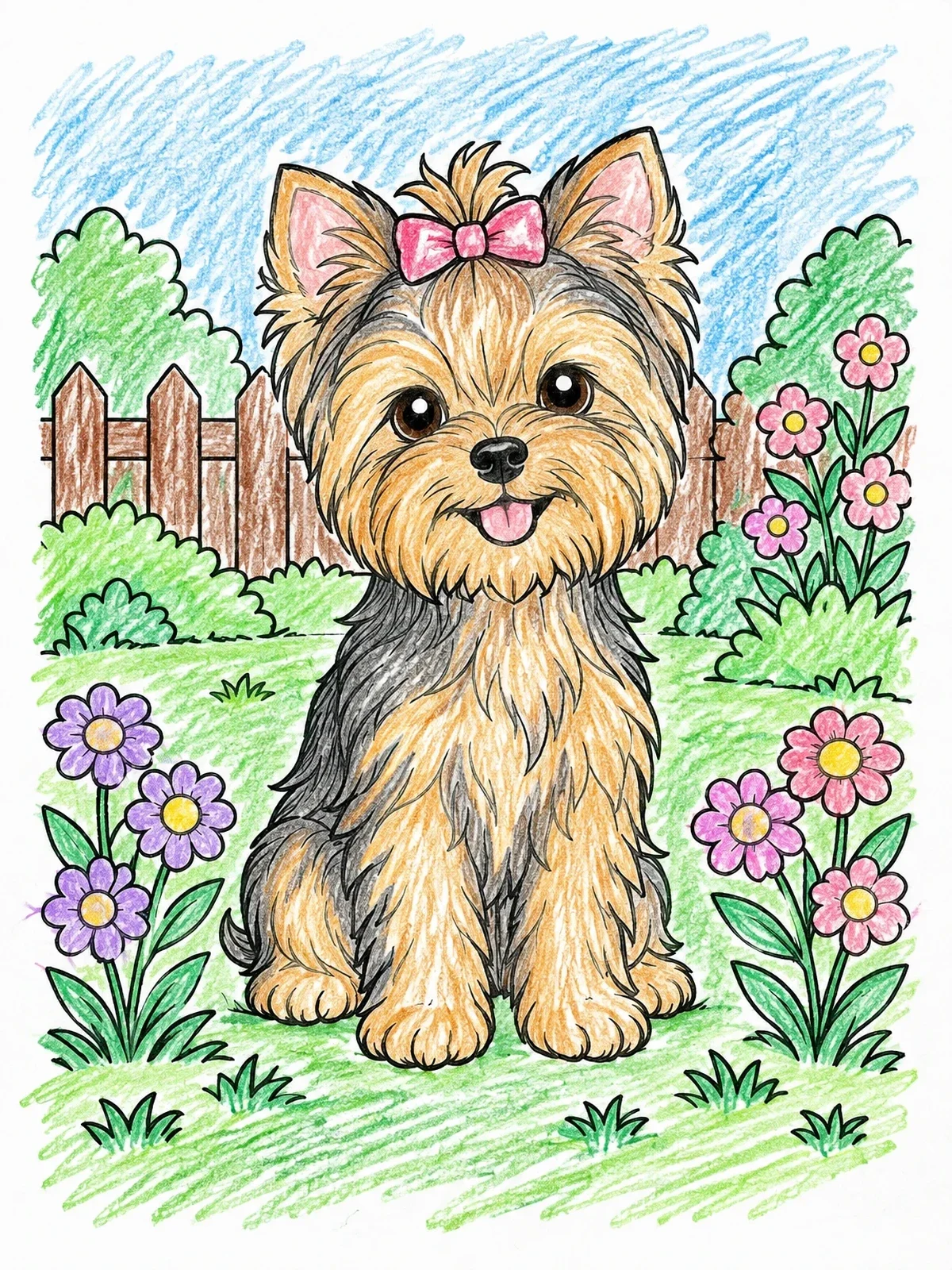 Colored example of the Fluffy Yorkshire Terrier In The Garden coloring page