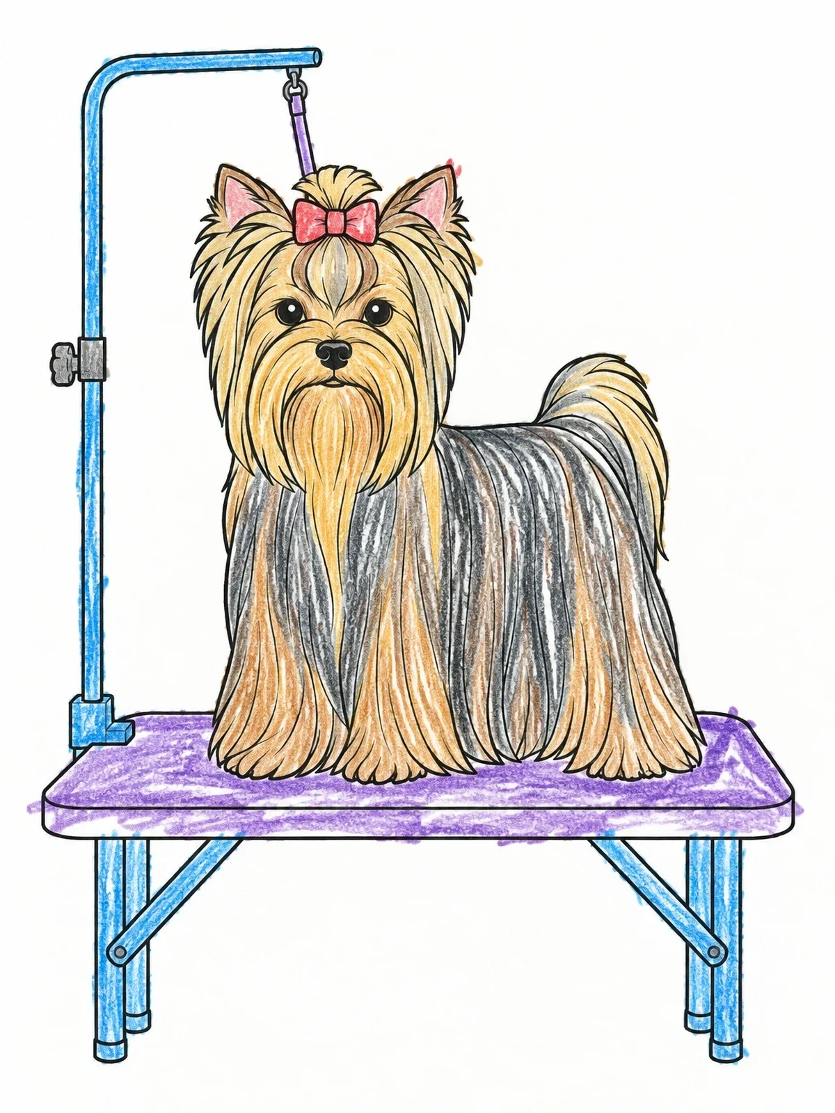 Colored example of the Groomed Yorkshire Terrier On Table coloring page