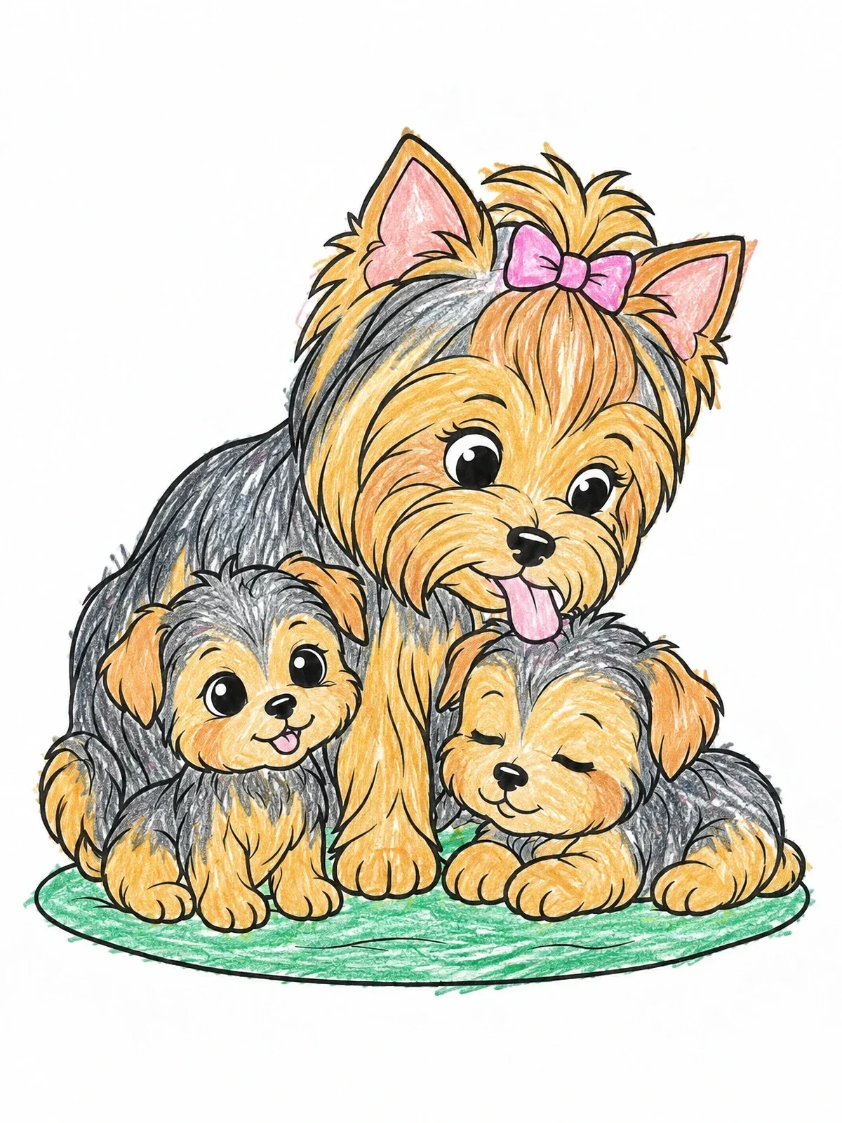 Colored example of the Mother Yorkie With Sweet Puppies coloring page