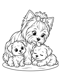 Free printable Mother Yorkie With Sweet Puppies coloring page