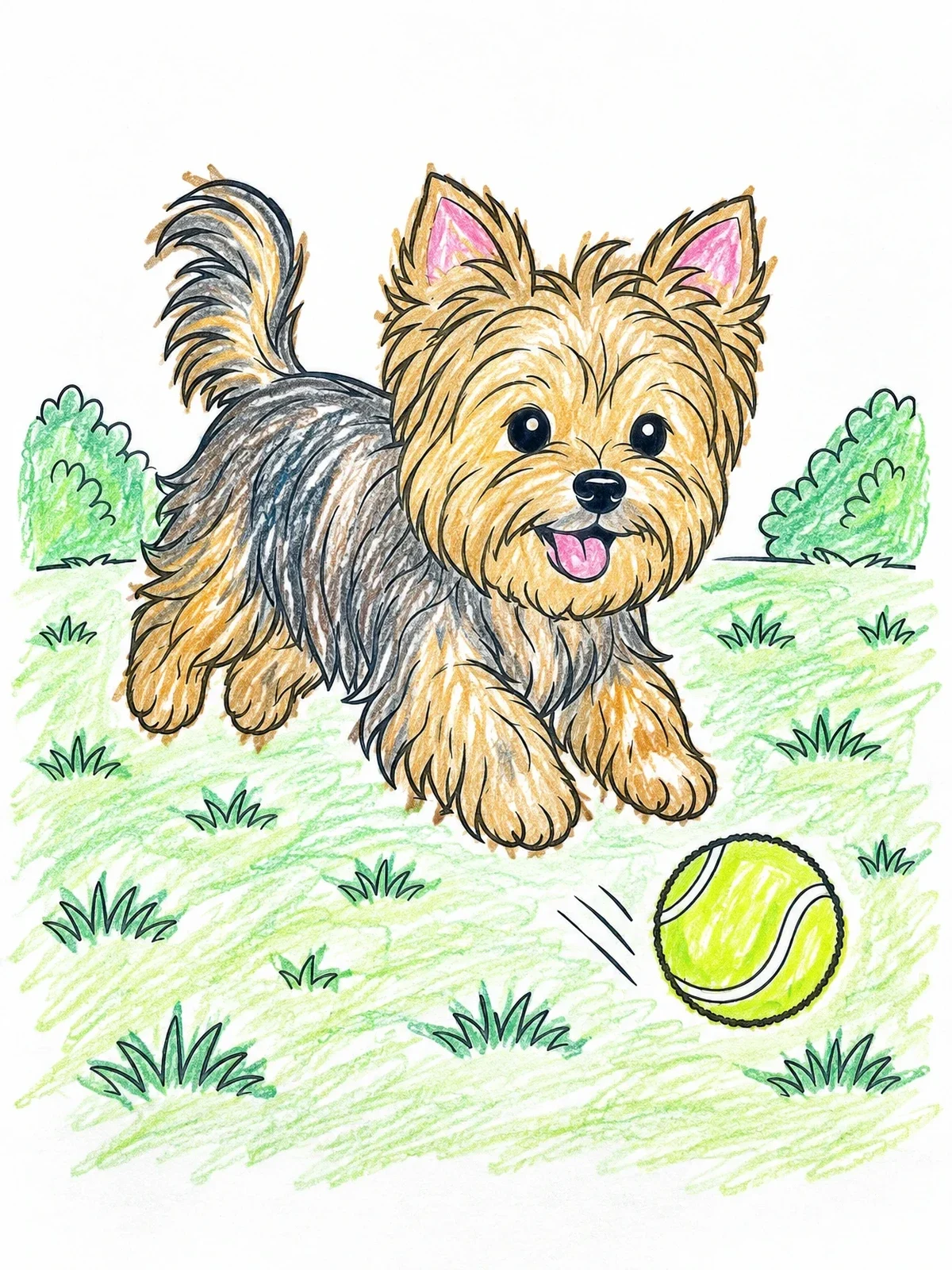 Colored example of the Playful Yorkshire Terrier Chasing Ball coloring page