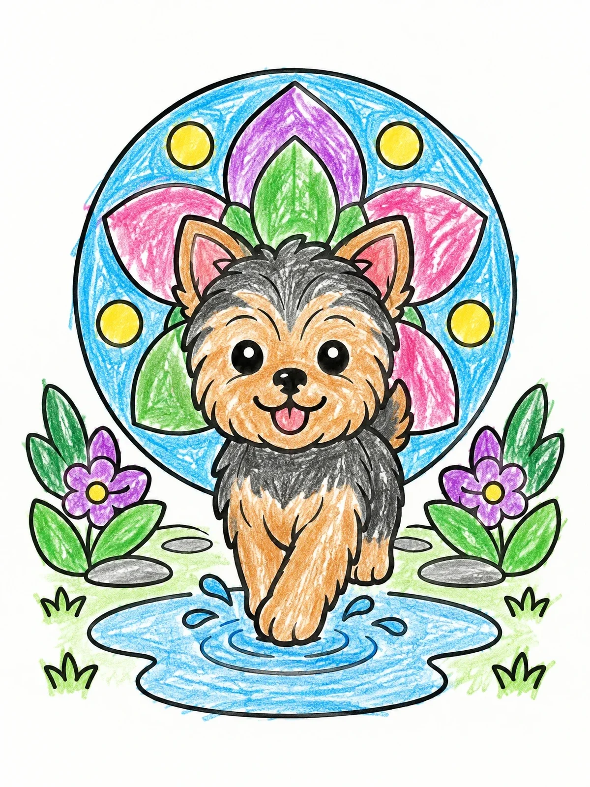 Colored example of the Playful Yorkshire Terrier Puppy In Puddle coloring page