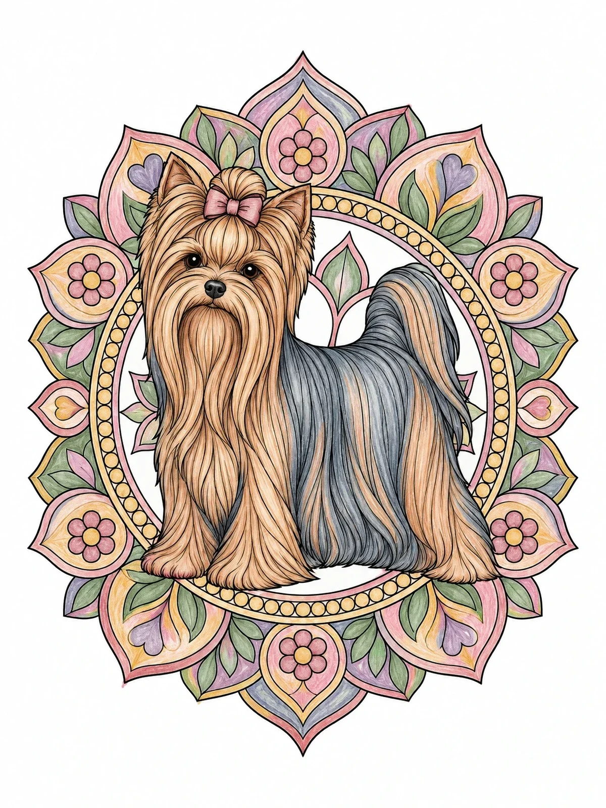 Colored example of the Show Yorkshire Terrier With Mandala Background coloring page