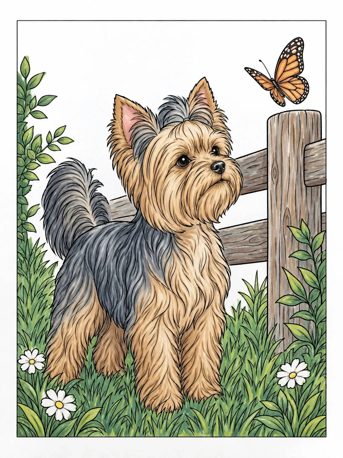 Colored example of the Yorkshire Terrier And Butterfly By Fence coloring page