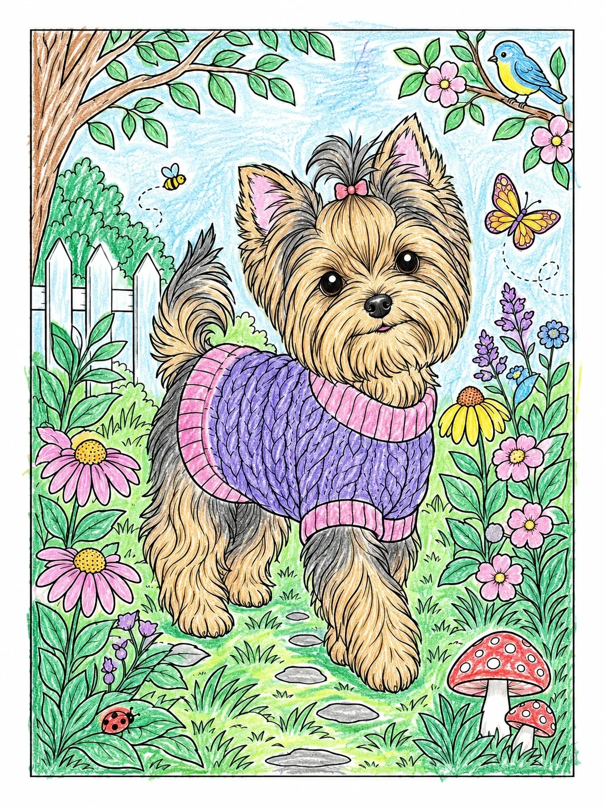 Colored example of the Yorkshire Terrier In Cozy Sweater coloring page