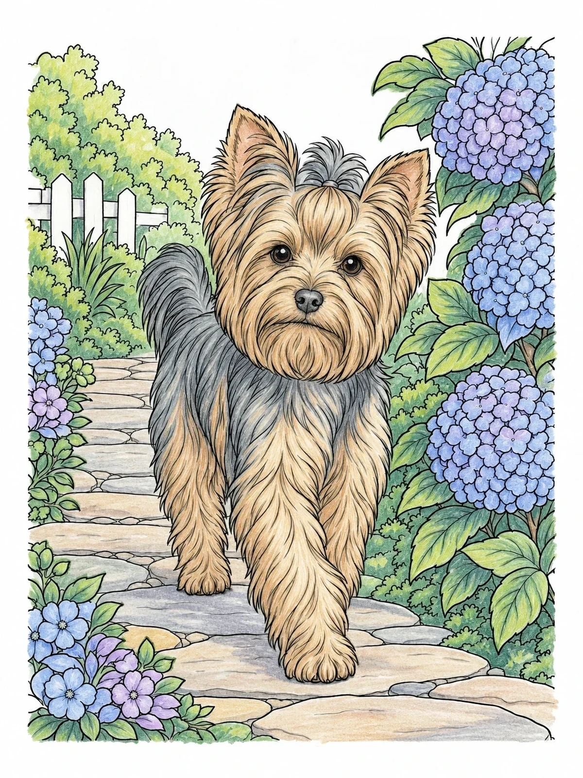 Colored example of the Yorkshire Terrier On Garden Path coloring page