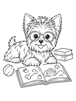 Free printable Yorkshire Terrier Puppy With Glasses And Book coloring page