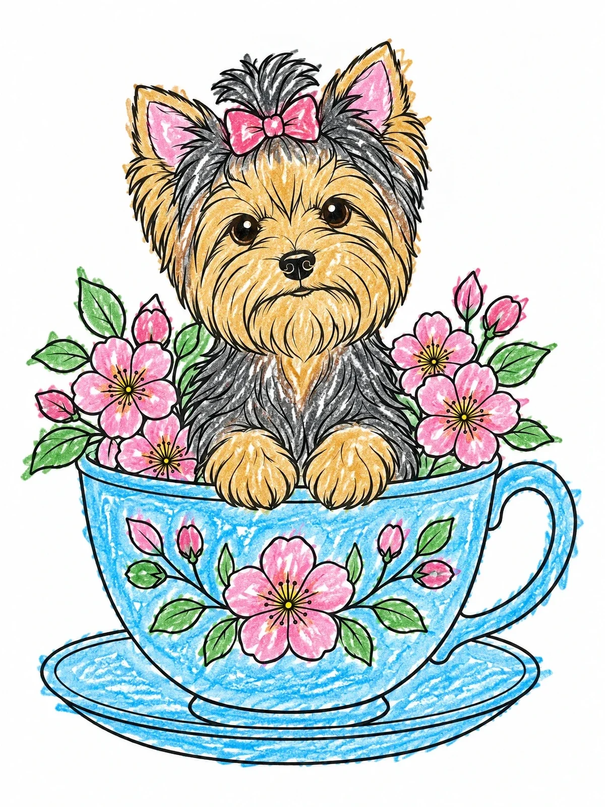 Colored example of the Yorkshire Terrier In Floral Teacup coloring page