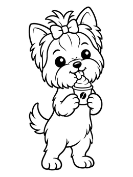 Free printable Yorkshire Terrier Enjoying A Pup Cup coloring page
