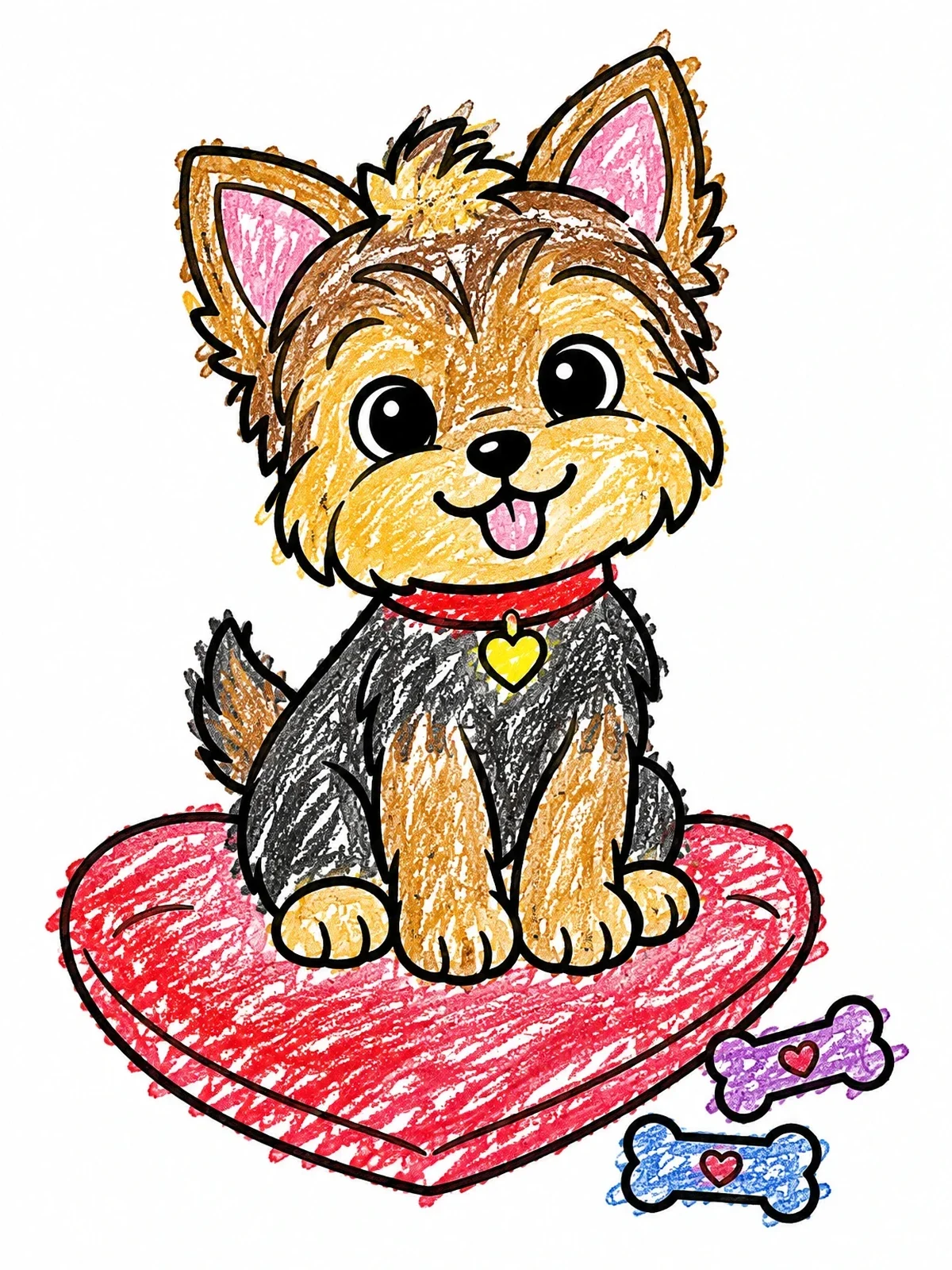 Colored example of the Yorkshire Terrier Puppy On Heart Cushion coloring page