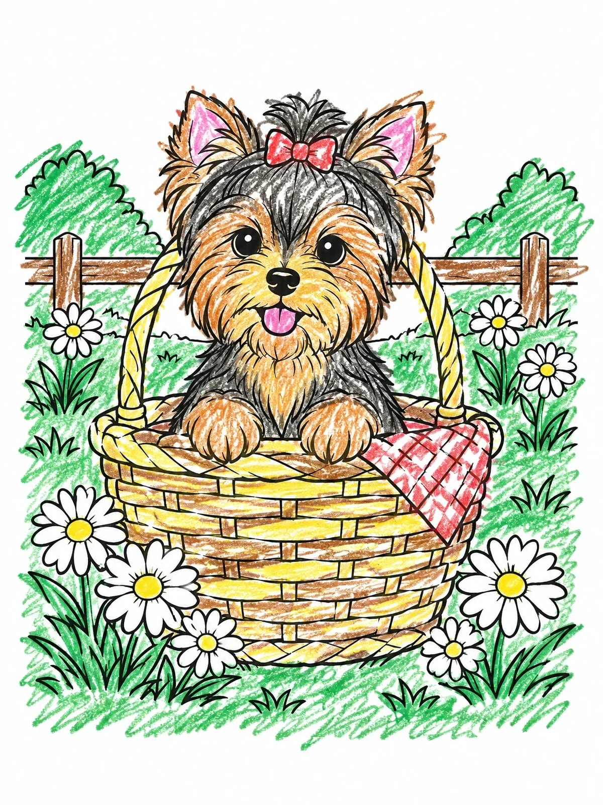 Colored example of the Yorkshire Terrier Puppy In A Basket coloring page