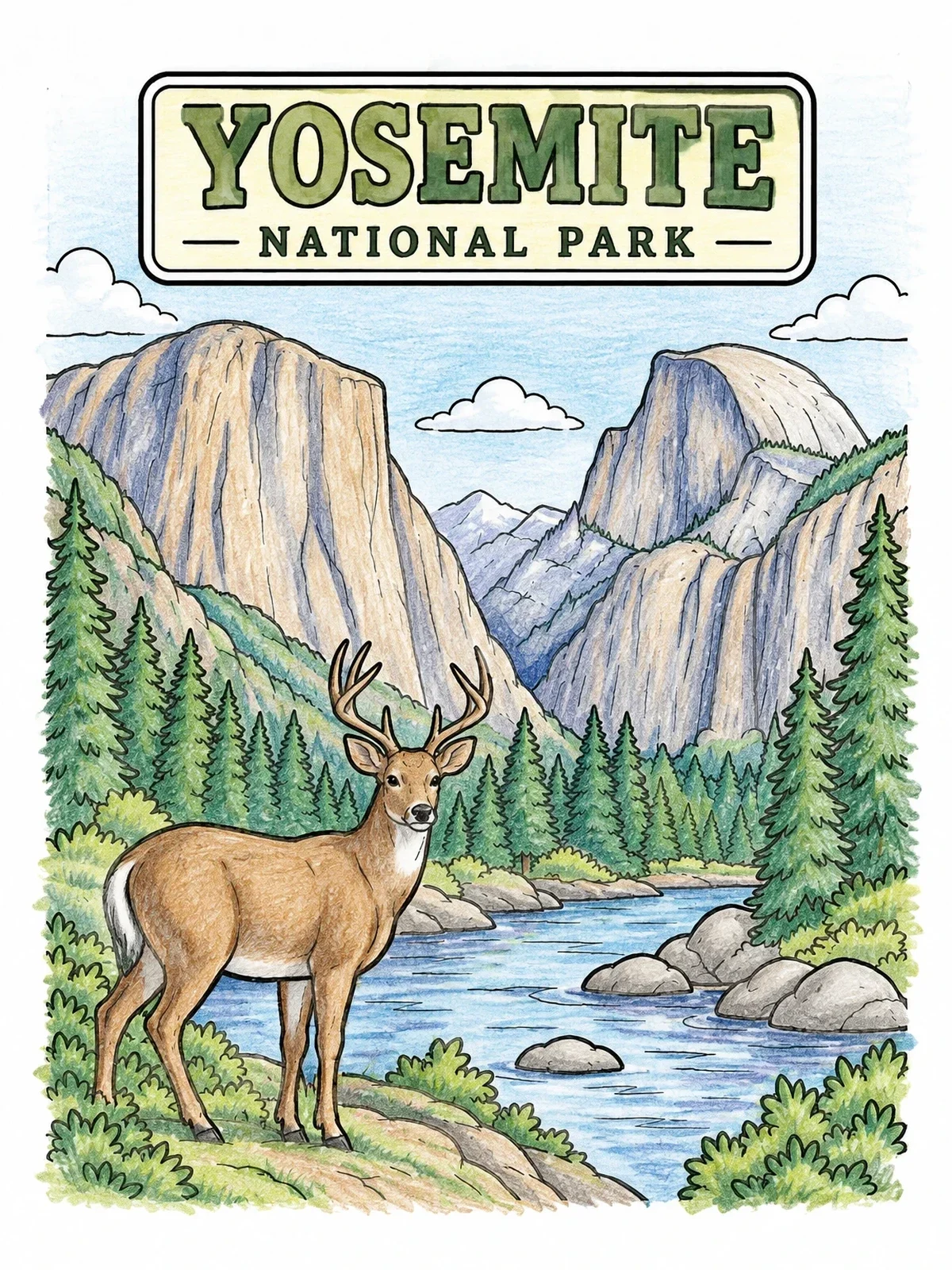 Colored example of the Yosemite National Park Valley With Deer coloring page