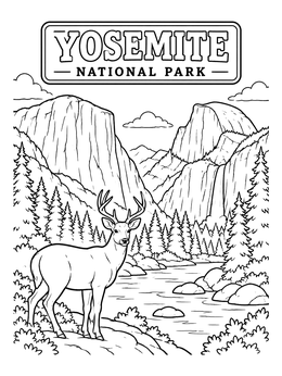 A proud deer stands before Half Dome and El Capitan in this Yosemite park coloring page.