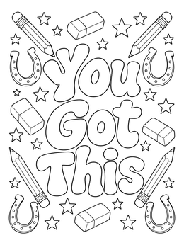 A good luck coloring page featuring You Got This text with pencils, erasers, and horseshoes.