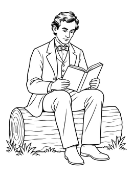 A young Abraham Lincoln coloring page showing him sitting on a wooden log while reading a book.
