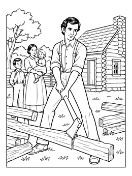 A young man chops wood outside a cabin in this abraham lincoln coloring page.