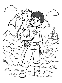 A friendly dragon coloring page featuring a boy adventurer and a baby dragon.