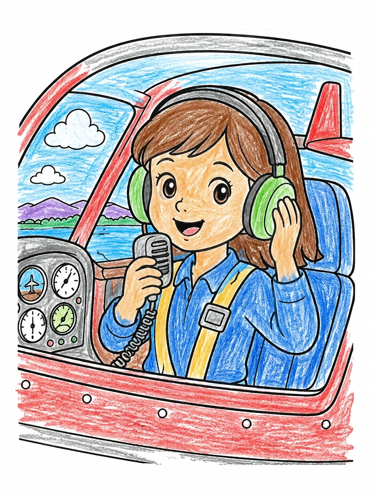 Colored example of the Young Amelia Earhart In Airplane Cockpit coloring page