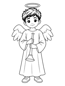 A cheerful angel anime coloring page featuring a winged boy holding a small horn.