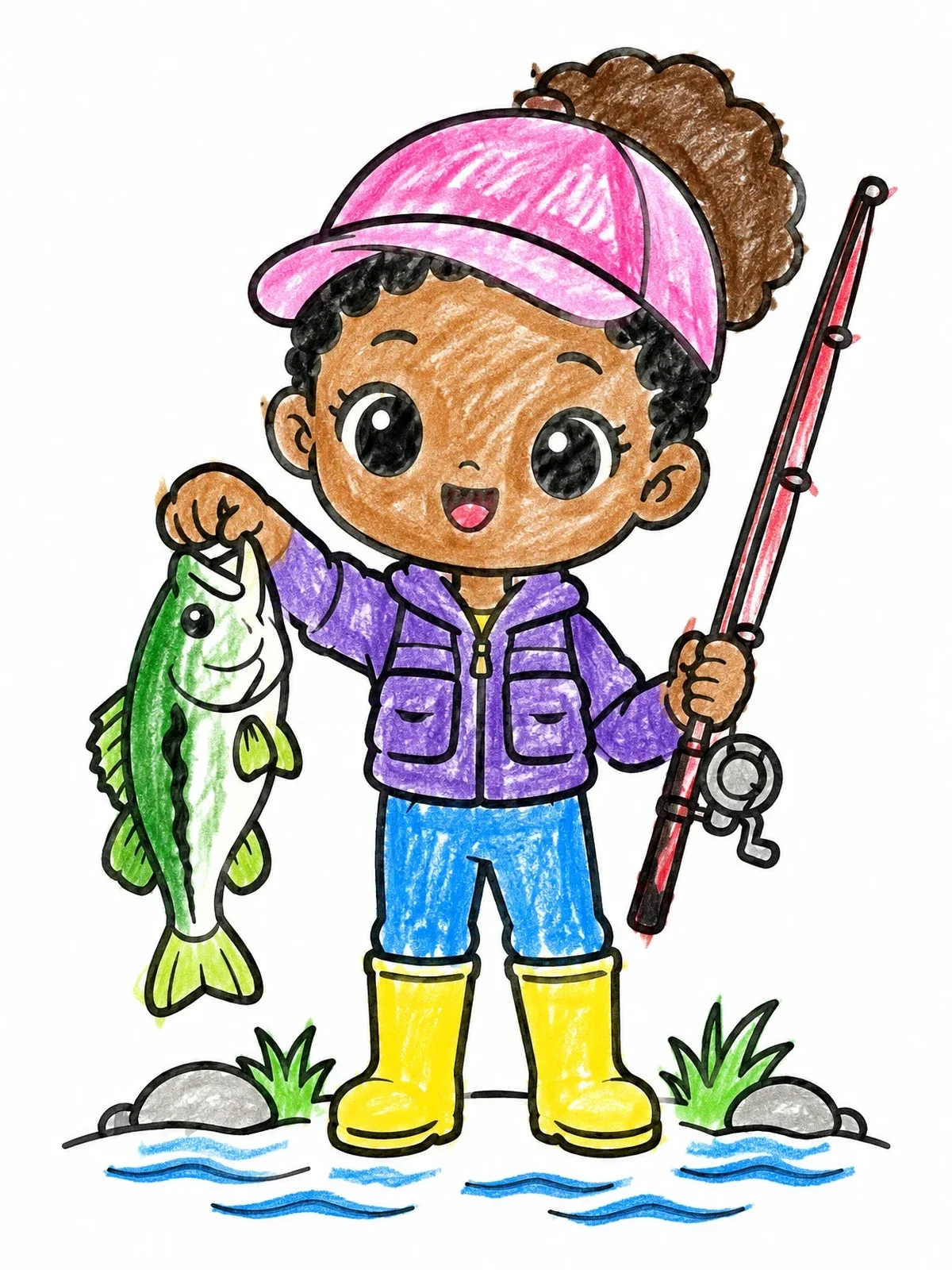 Colored example of the Young Angler With Largemouth Bass coloring page
