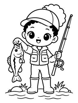 Free printable Young Angler With Largemouth Bass coloring page
