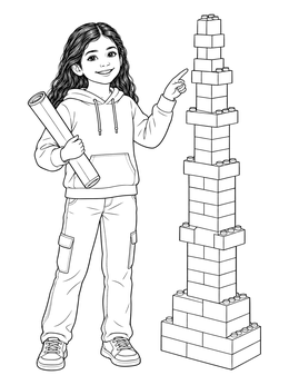 A smiling girl holds rolled plans beside a tall tower on this architect coloring page.