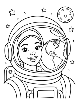 A smiling young girl in a spacesuit helmet reflects the Earth in this astronaut coloring page.