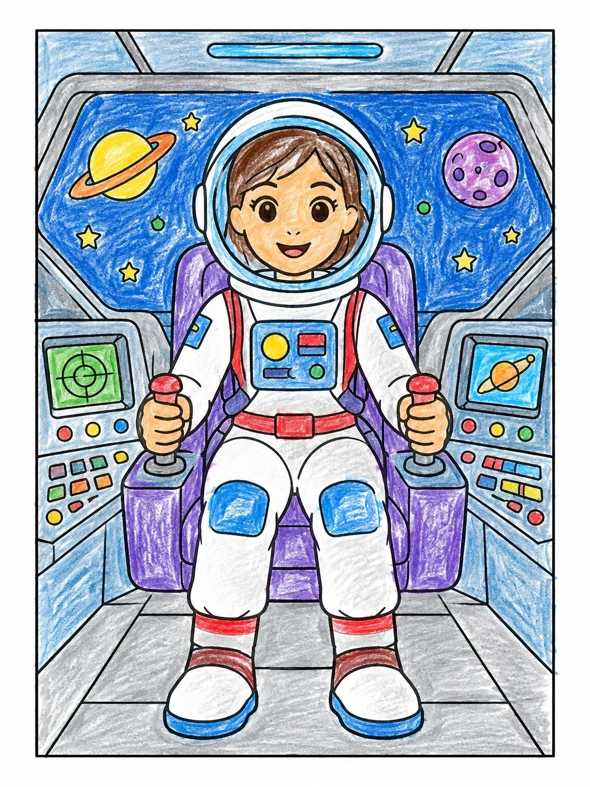 Colored example of the Young Astronaut In Spaceship Cockpit coloring page