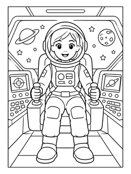 An astronaut coloring page of a girl piloting a spaceship with controls and planets outside.