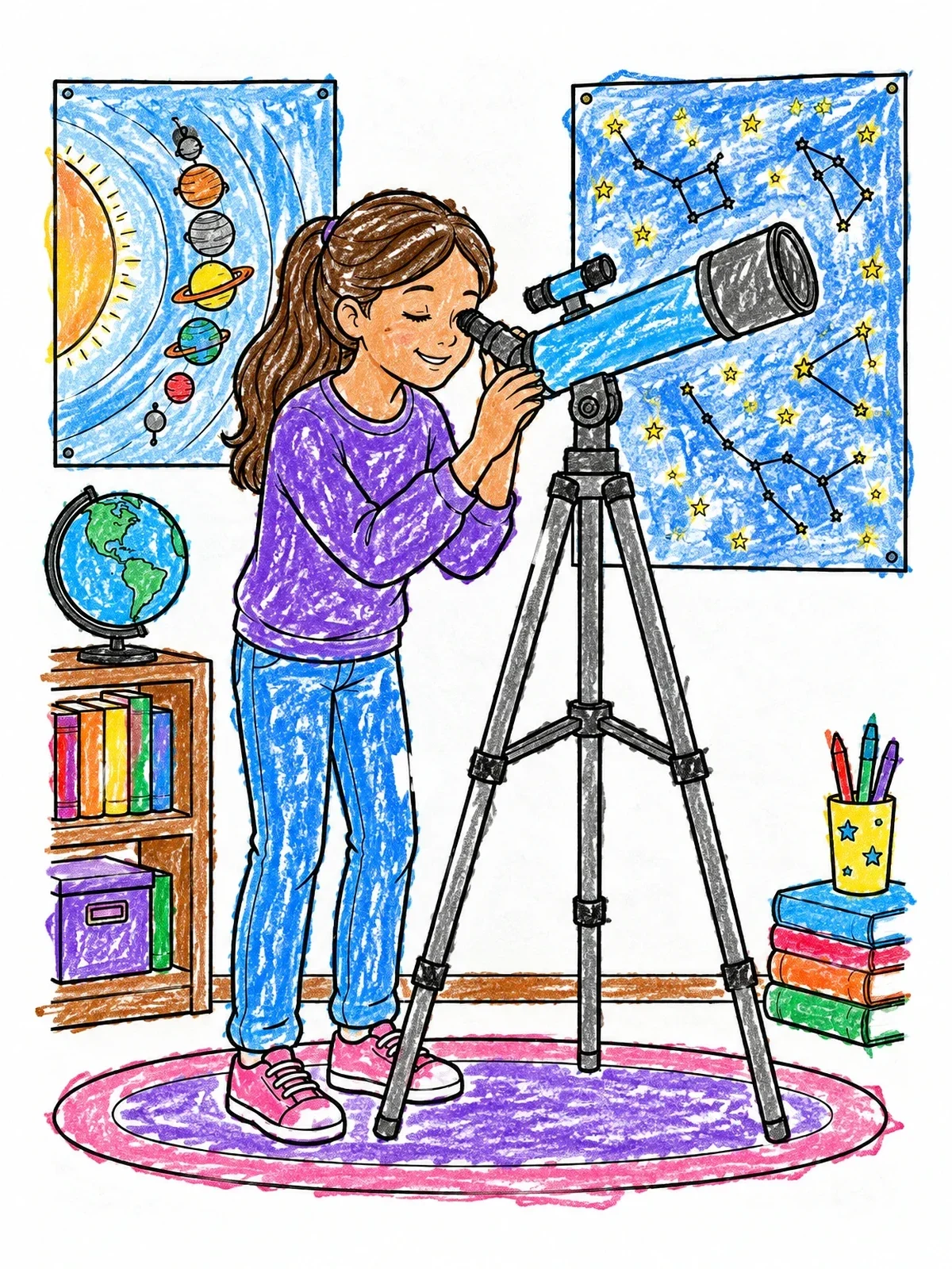 Colored example of the Young Astronomer With Telescope coloring page