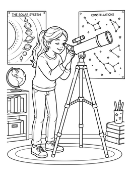 A girl power coloring page featuring a young girl observing the stars through a telescope in her room.