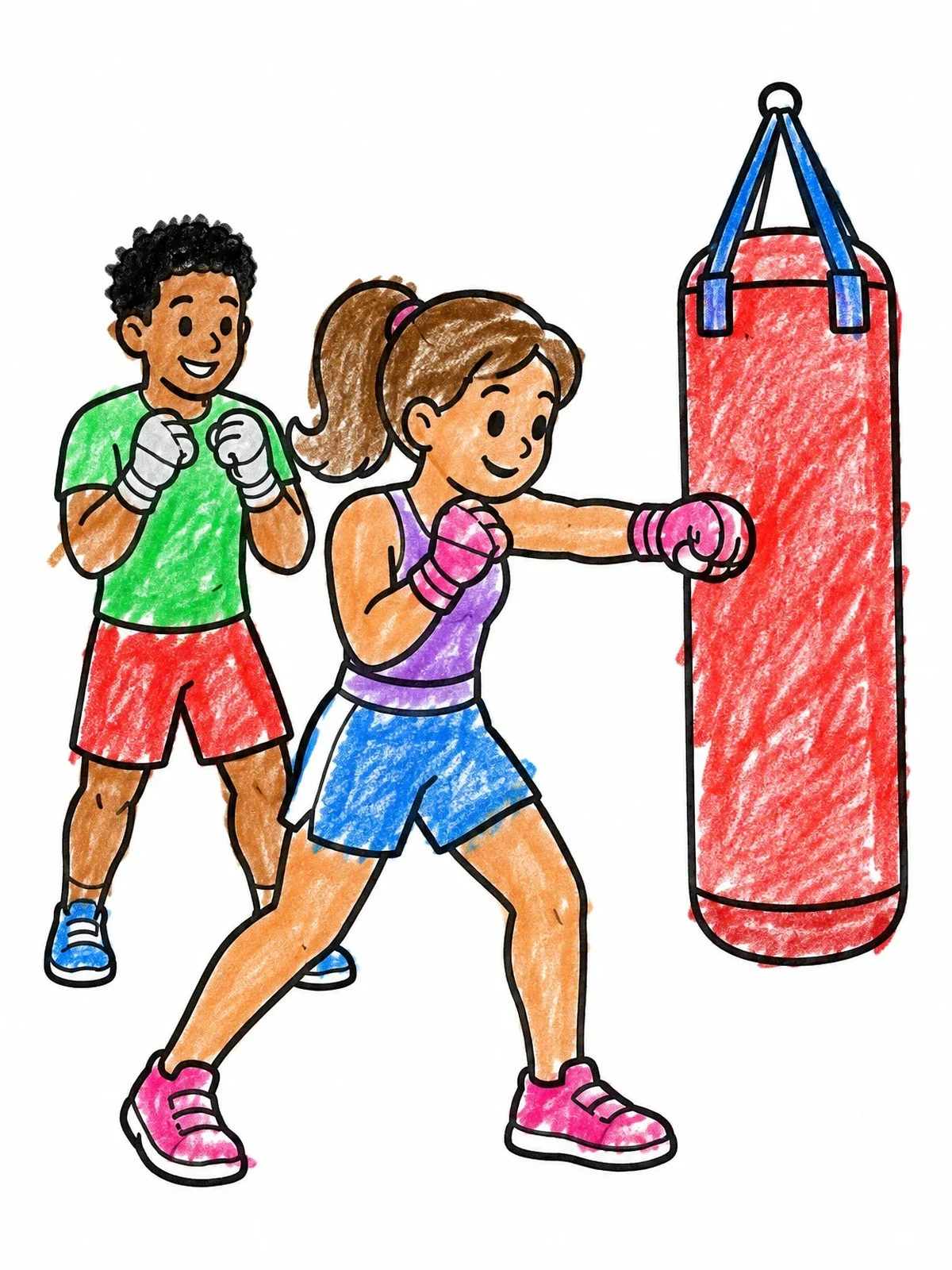 Colored example of the Young Athletes Practicing Boxing coloring page
