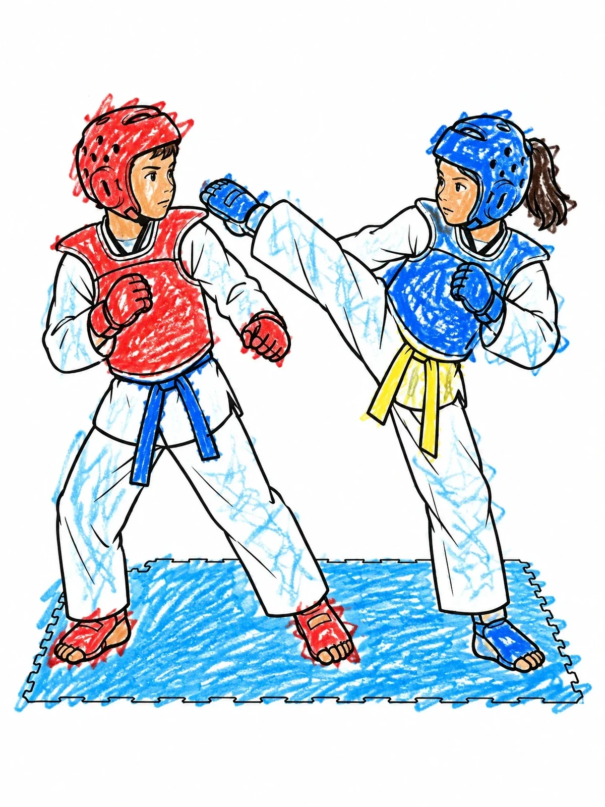 Colored example of the Young Athletes Sparring In Taekwondo coloring page