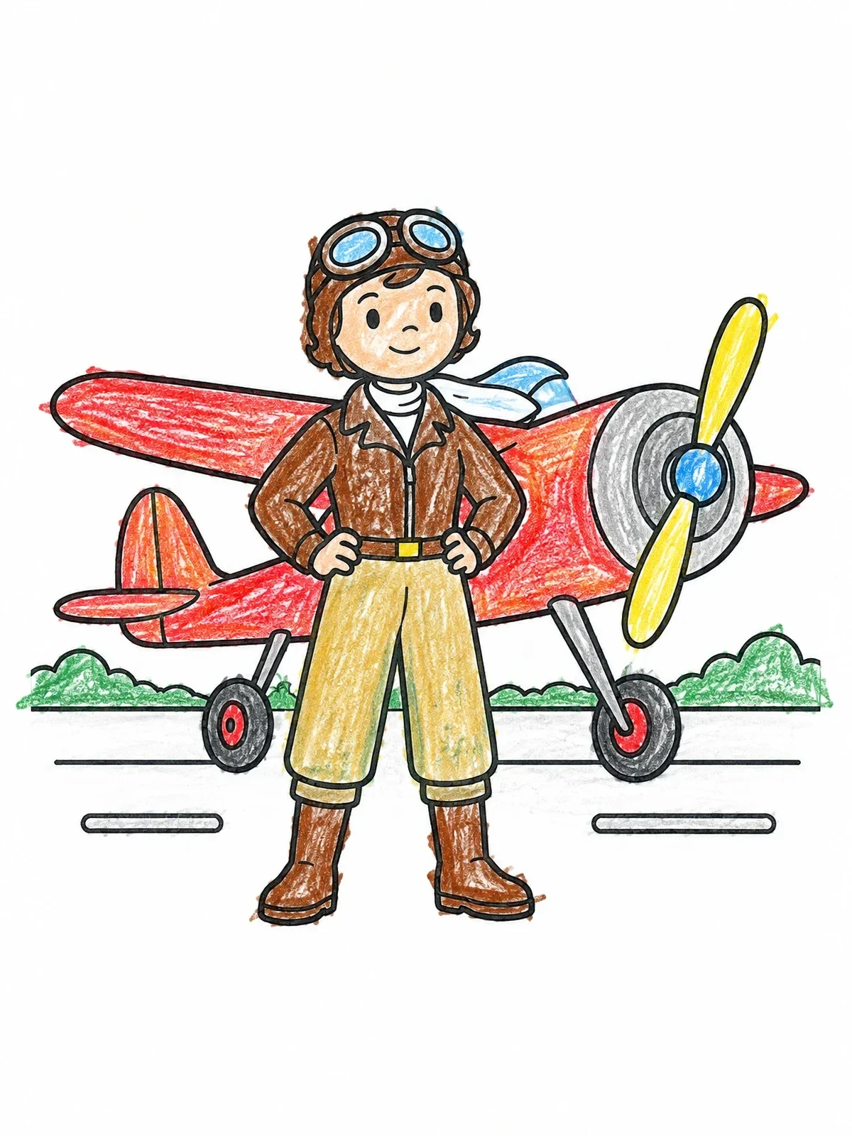 Colored example of the Young Aviator Amelia By Her Airplane coloring page