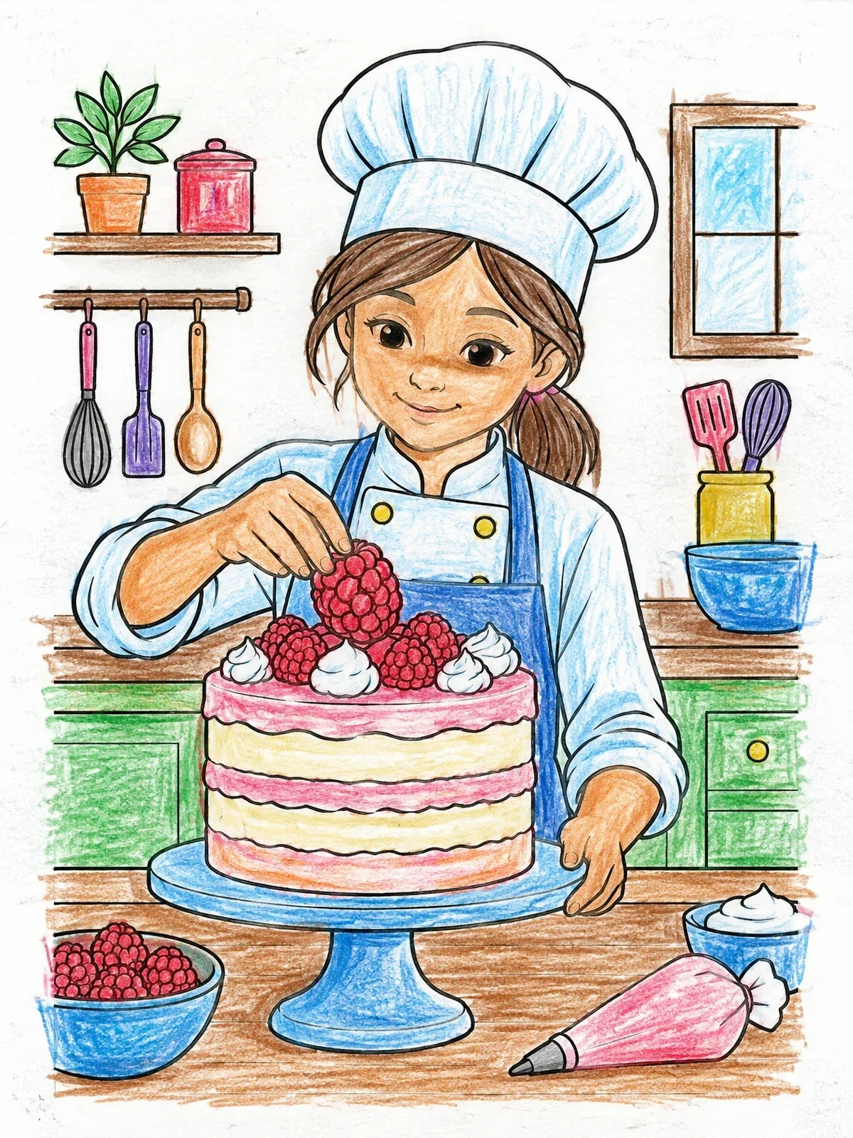 Colored example of the Young Baker Decorating A Cake coloring page