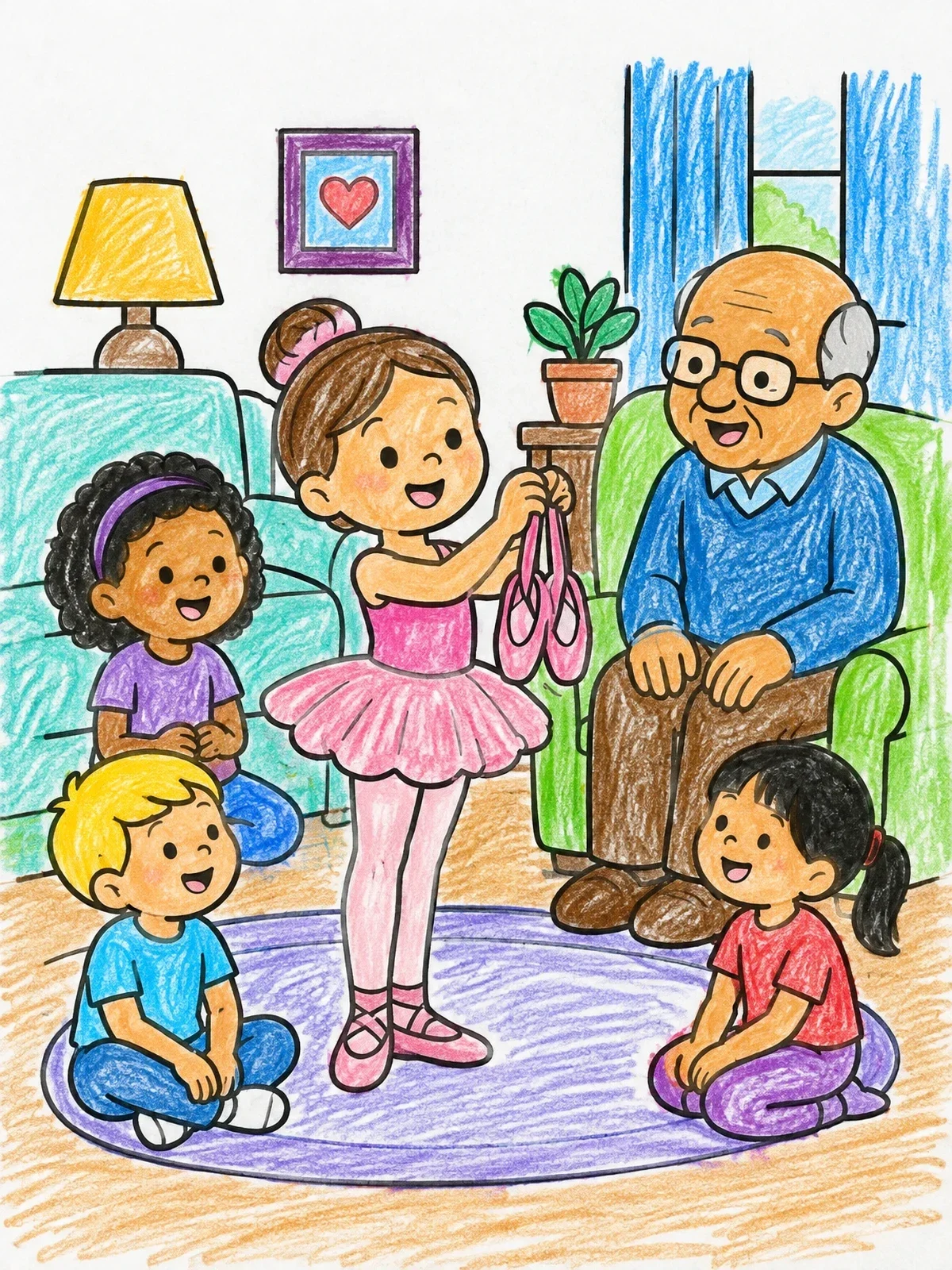Colored example of the Young Ballerina Showing Shoes To Family coloring page