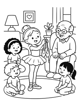 A sweet ballerina coloring page showing a girl displaying ballet shoes to her grandfather and friends.