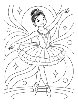 A graceful ballerina coloring page showing a girl in a tiara and tiered tutu.