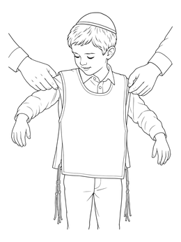 A young boy putting on tzitzit in this upsherin coloring page.
