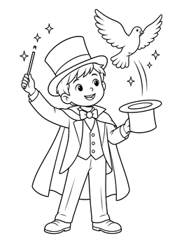 A cheerful boy in a top hat performs a trick in this magician coloring page.