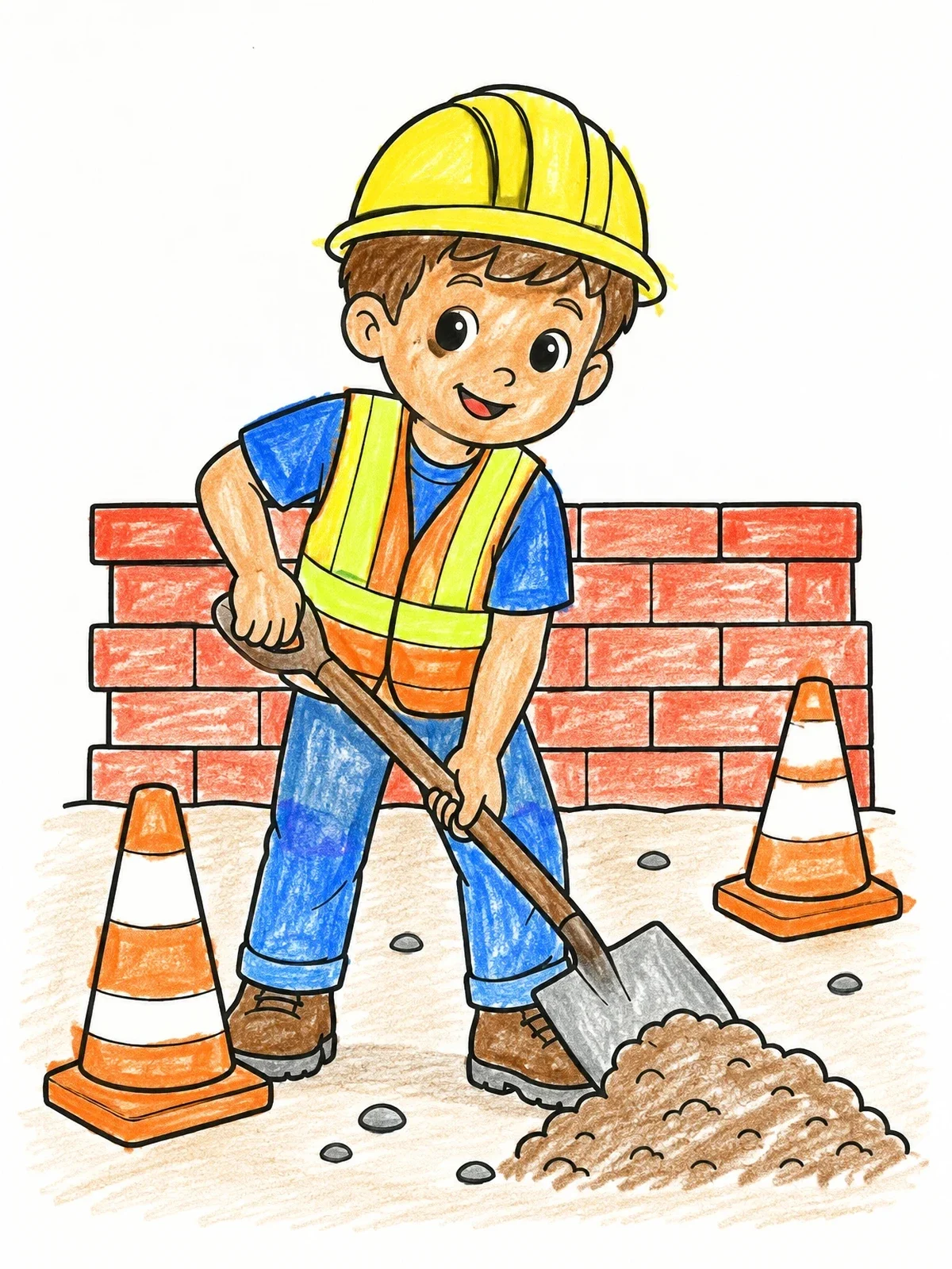 Colored example of the Young Builder Shoveling At Construction Site coloring page